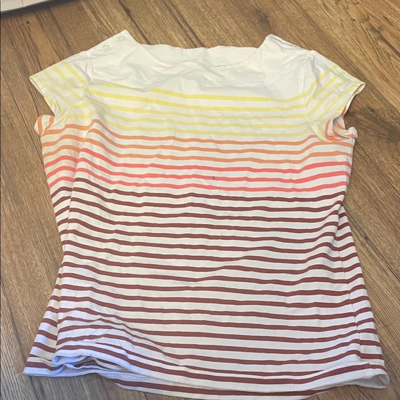 cleo Tops - Cleo Women's Short Sleeve Striped Top - Yellow, Pink, Brown (Bin L)